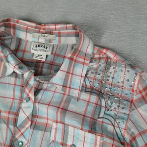 Ariat Shirt Women's Medium Plaid Western Pearl Snap Embroidered Studded Cotton